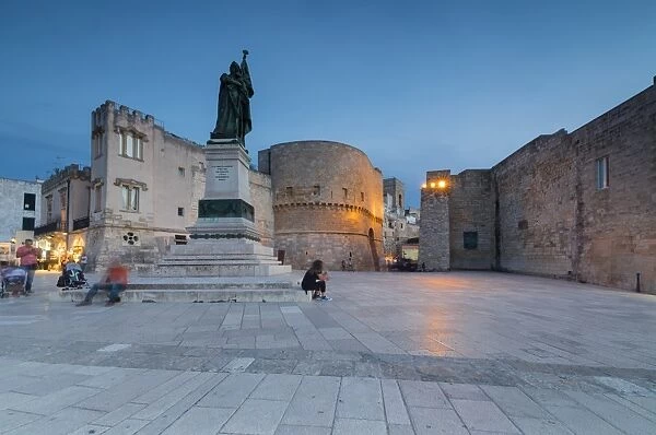 Dusk lights on the medieval fortress and squares of the old town, Otranto, Province of Lecce