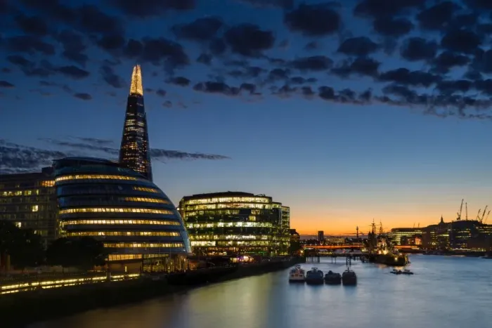 Framed Print : Dusk settles over London after sunset along the River Thames, with the Shard, London Framed Print : Dusk settles over London after sunset along the River Thames, with the Shard, London
