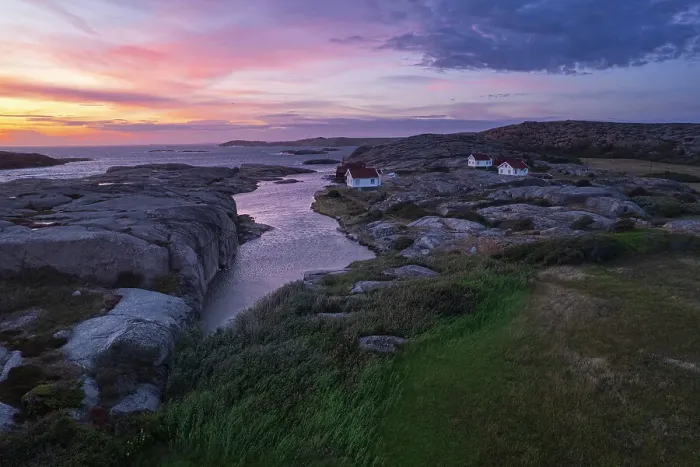 Framed Print : Dusk time on Ramsvik island with isolated houses on granite rocks facing the ocean, Bohuslan, Vastra Gotaland, West Sweden, Sweden, Scandinavia, Europe Framed Print : Dusk time on Ramsvik island with isolated houses on granite rocks facing the ocean, Bohuslan, Vastra Gotaland, West Sweden, Sweden, Scandinavia, Europe