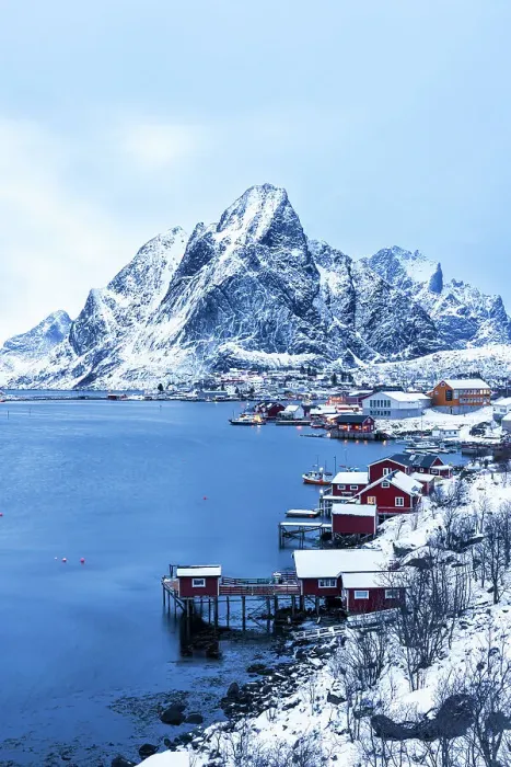 Framed Print : Dusk over the traditional fishing village of Reine after snowfall, Reine, Lofoten Islands, Norway, Scandinavia, Europe Framed Print : Dusk over the traditional fishing village of Reine after snowfall, Reine, Lofoten Islands, Norway, Scandinavia, Europe