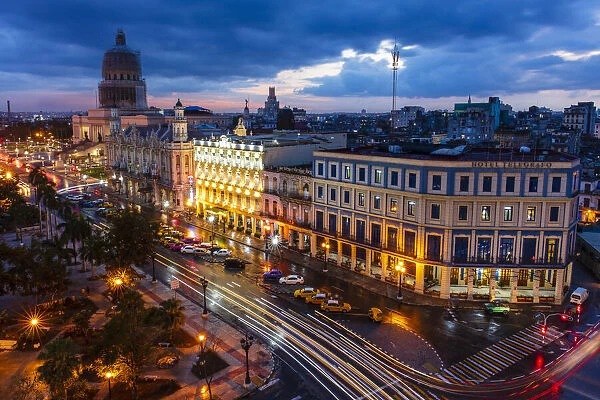 Dusk view of El Capitolio building, Parque Central and buildings, Havana, Cuba, West Indies, Central America