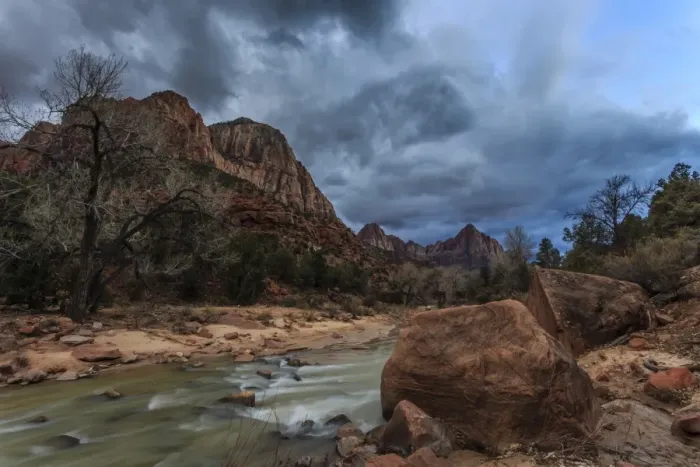 Framed Print : Dusk beside the Virgin River under a threatening sky in winter, Zion National Park, Utah, United States of America, North America Framed Print : Dusk beside the Virgin River under a threatening sky in winter, Zion National Park, Utah, United States of America, North America