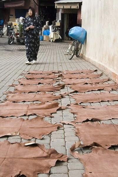 Dyed leather hides drying in street in the souk, Medina, Marrakech (Marrakesh)