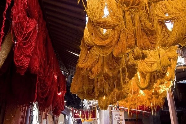 The Dyers Souks, freshly dyed wools drying, Medina, Marrakech (Marrakesh)