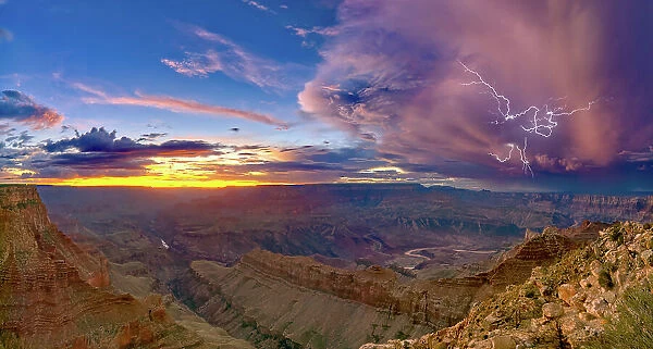 A dying storm at twilight viewed from Lipan Point, Grand Canyon, with Spider Lightning visible, Grand Canyon National Park, UNESCO World Heritage Site, Arizona, United States of America, North America