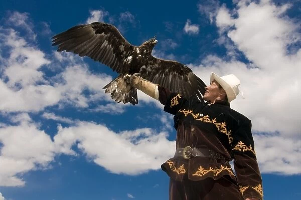 Eagle hunter with his golden eagle (Aquila chrysaetos) on his arm, Issyk Kol