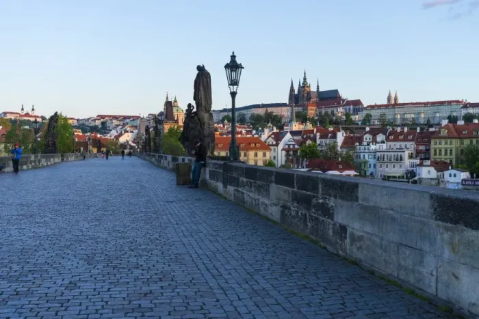 Framed Print : Early morning on Charles Bridge looking towards Prague Castle and Hradcany, UNESCO Framed Print : Early morning on Charles Bridge looking towards Prague Castle and Hradcany, UNESCO