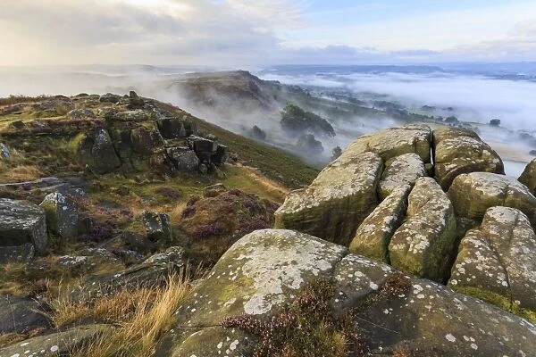 Early morning fog, Curbar Edge with view to Baslow Edge, Peak District National Park