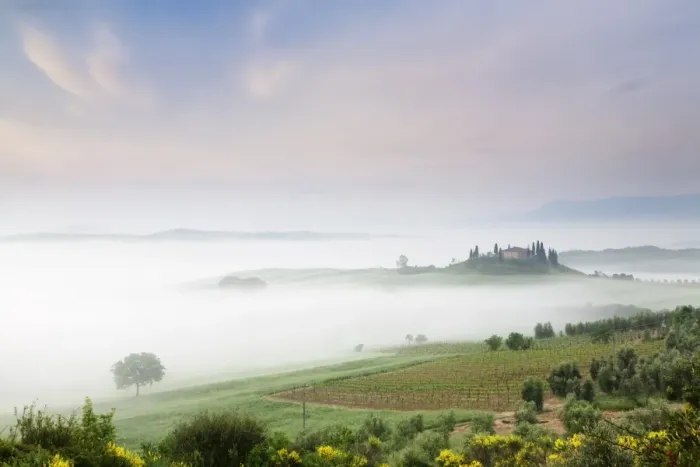 Framed Print : Early morning fog at the farmhouse Belvedere, Orcia Valley (Val d Orcia), UNESCO World Heritage Site, Siena region, Tuscany, Italy, Europe Framed Print : Early morning fog at the farmhouse Belvedere, Orcia Valley (Val d Orcia), UNESCO World Heritage Site, Siena region, Tuscany, Italy, Europe