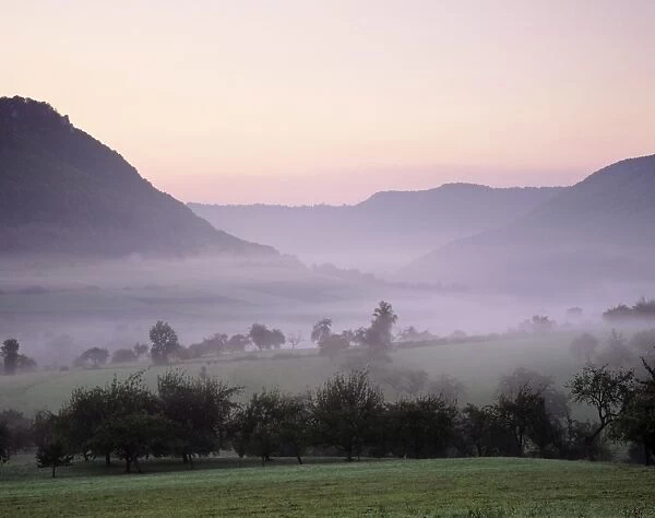 Early morning fog, Filstal Valley, Swabian Alb, Baden Wurttemberg, Germany, Europe