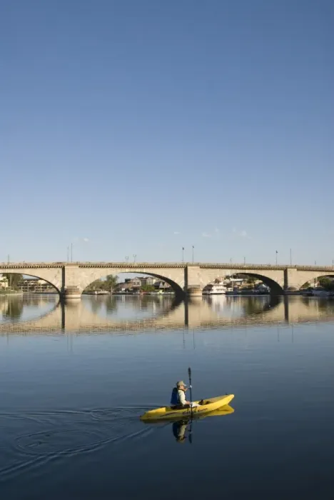 Framed Print : Early morning kayaker and London Bridge, Havasu City, Arizona, United States of America Framed Print : Early morning kayaker and London Bridge, Havasu City, Arizona, United States of America