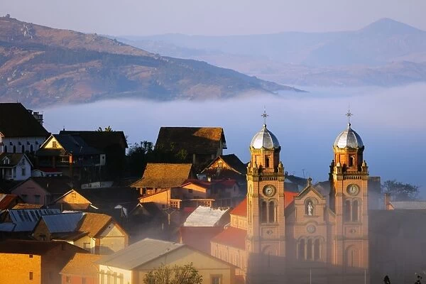 Early morning mist on the Haute Ville old town, Ambozontany Cathedral, Fianarantsoa