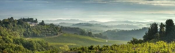 Early morning panoramic view of misty hills, near San Gimignano, Tuscany, Italy, Europe
