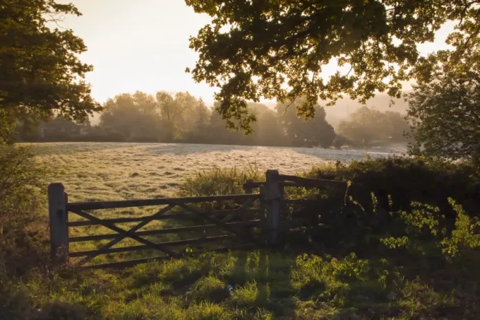 Framed Print : Early morning sun on frosty farmland at Fordcombe, Kent, England, United Kingdom, Europe