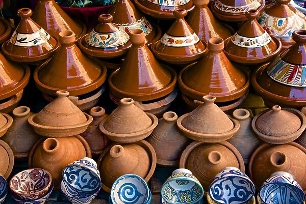 Earthenware tajines and bowls from Fez, for sale in the street of the Medina, Marrakech, Morocco, North Africa, Africa