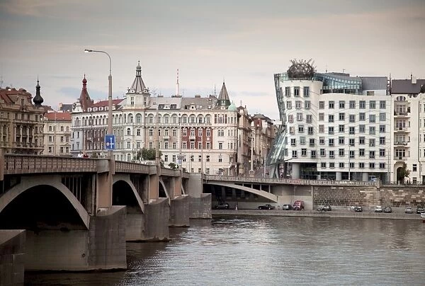 East bank of Vltava River with Dancing House (Fred and Ginger Building)