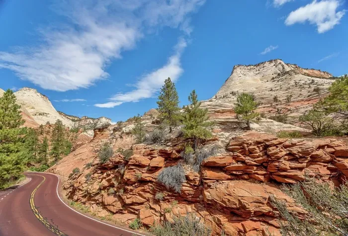 Framed Print : East Zion National Park where Highway 9 winds between the Zion-Mount Carmel Tunnel and Checkerboard Mesa, Utah, United States of America
