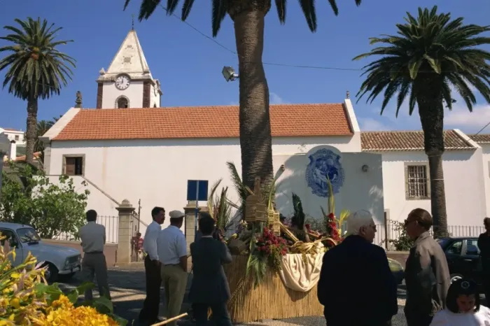 Framed Print : Easter floral display in square outside church, Porto Santo Island, off Madeira Framed Print : Easter floral display in square outside church, Porto Santo Island, off Madeira