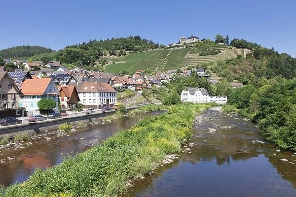 Eberstein Castle reflecting in Murg River, Obertsrot near Gernsbach, Murgtal Valley