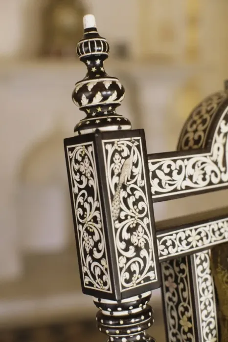 Framed Print : Ebony wood and ivory inlay detail on one of the pair of throne chairs Framed Print : Ebony wood and ivory inlay detail on one of the pair of throne chairs