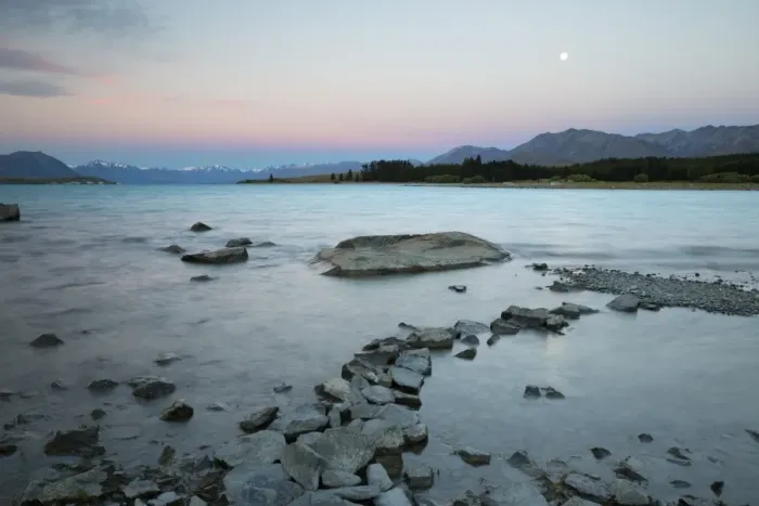 Framed Print : Edge of lake at dusk, Lake Tekapo, Canterbury region, South Island, New Zealand, Pacific Framed Print : Edge of lake at dusk, Lake Tekapo, Canterbury region, South Island, New Zealand, Pacific