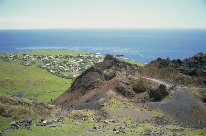 Framed Print : Edinburgh settlement and the 1961 volcanic cone, Tristan da Cunha, Mid Atlantic Framed Print : Edinburgh settlement and the 1961 volcanic cone, Tristan da Cunha, Mid Atlantic