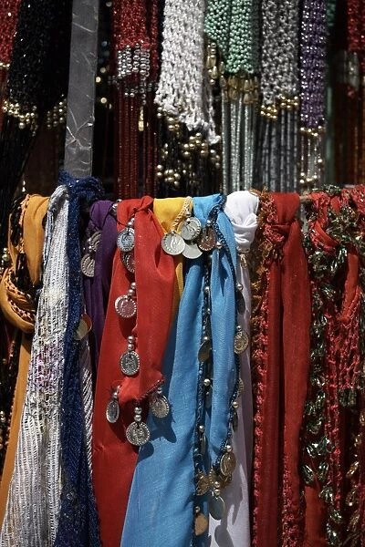 Egyptian scarves and veils on sale at Aswan Souq, Aswan, Egypt, North Africa, Africa