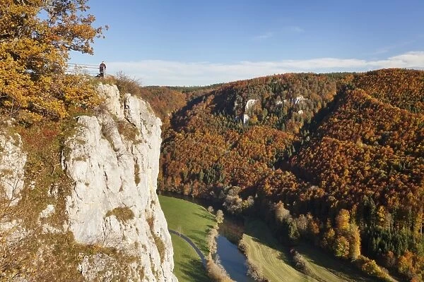 Eichfelsen Rock and Danube Valley in autumn, Upper Danube Nature Park, Swabian Alb, Baden Wurttemberg, Germany, Europe
