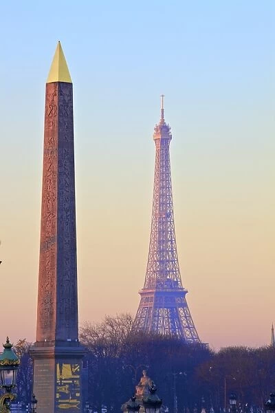Eiffel Tower from Place de La Concorde with Obelisk in foreground, Paris, France, Europe