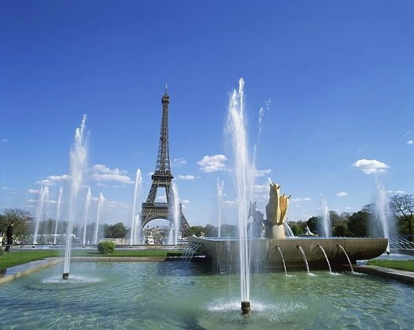 The Eiffel Tower with water fountains, Paris, France, Europe