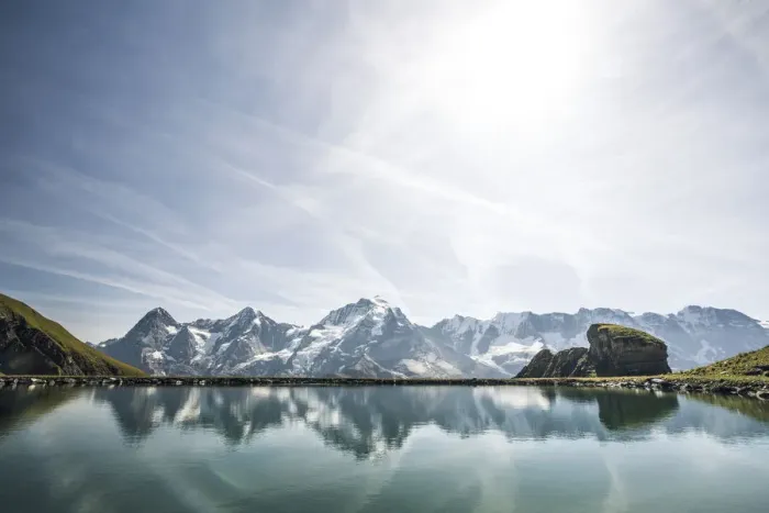 Framed Print : Eiger, Monch and Jungfrau peaks reflected in the unspoiled Engital lake, Murren Birg Framed Print : Eiger, Monch and Jungfrau peaks reflected in the unspoiled Engital lake, Murren Birg