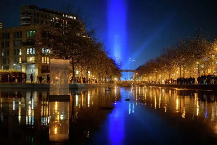 Framed Print : Eindhoven canal at night during Glow light festival, Eindhoven, North Brabant, The Netherlands, Europe