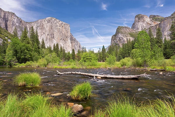 El Capitan and the Yosemite Valley from the Merced River at Valley View, Yosmeite National Park, UNESCO World Heritage Site, California, United States of America, North America