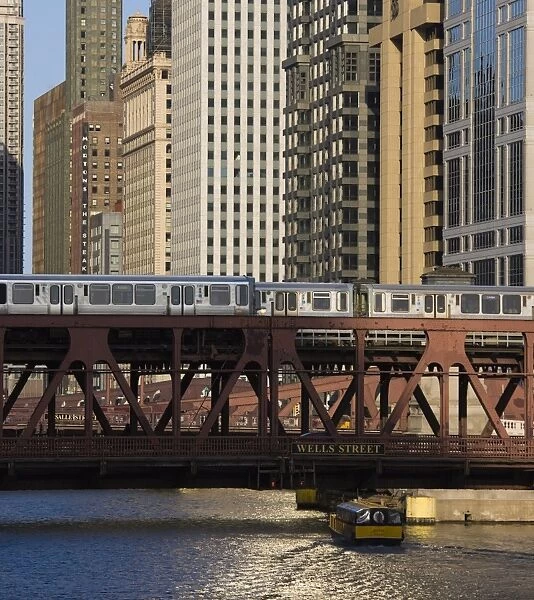 An El train on the Elevated train system crossing Wells Street Bridge, Chicago