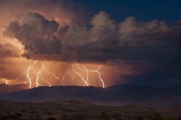 Electrical storm with forked lightning over the Grapevine mountains of the Amargosa Range