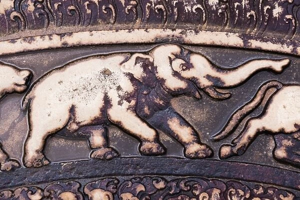 Elephant carving on a moonstone at the Abhayagiri Monastery, Anuradhapura, UNESCO World Heritage Site, Sri Lanka, Asia