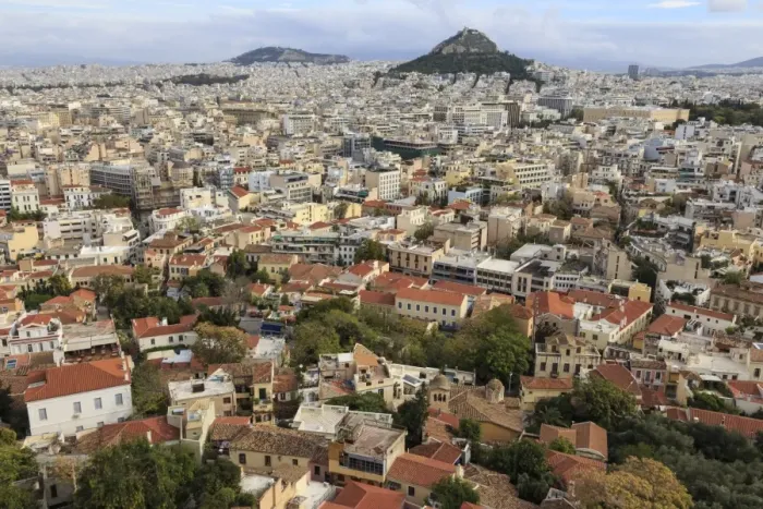 Framed Print : Elevated Athens city view from the Acropolis, towards Lykavittos Hill and Parliament across Plaka Framed Print : Elevated Athens city view from the Acropolis, towards Lykavittos Hill and Parliament across Plaka