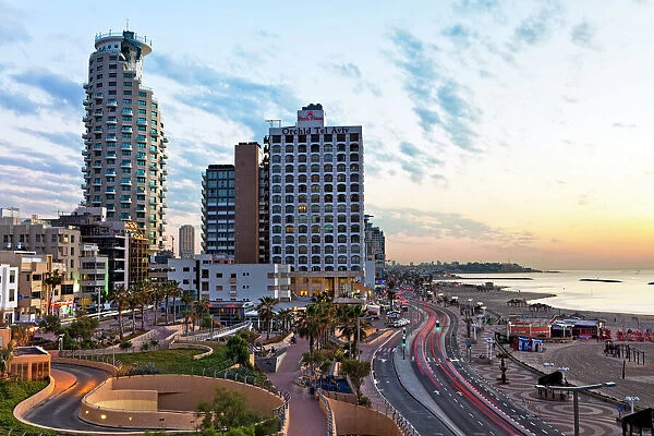 Elevated dusk view of the city beachfront, Tel Aviv, Israel, Middle East