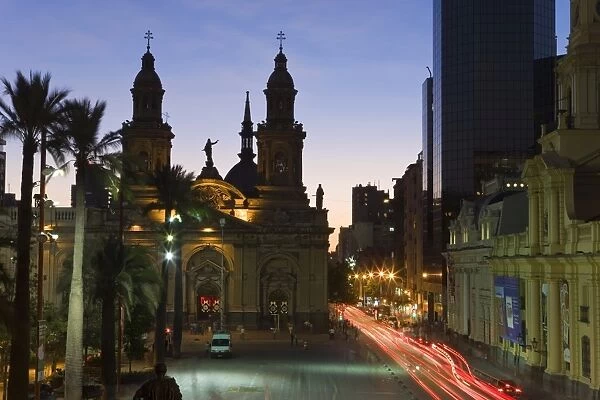 Elevated dusk view over Plaza de Armas to Santiago Cathedral, Santiago