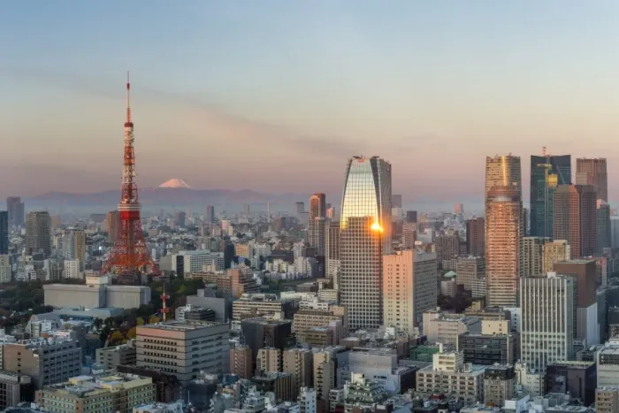 Framed Print : Elevated evening view of the city skyline and iconic Tokyo Tower, Tokyo, Japan, Asia