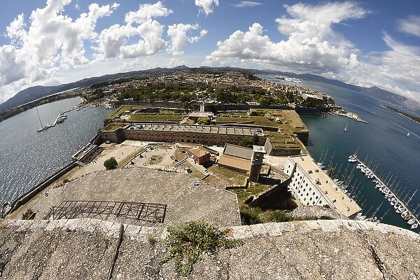 Elevated fish-eye view of Corfu Town, Corfu, Greek Islands, Greece, Europe