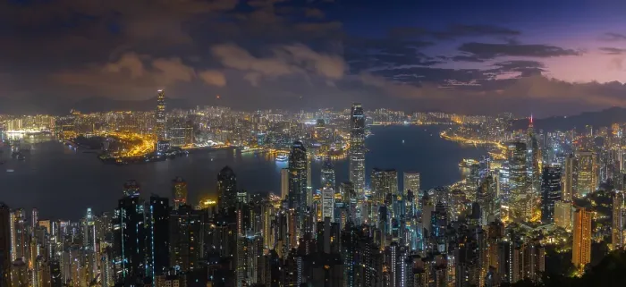 Framed Print : Elevated panoramic view of illuminated Hong Kong cityscape viewed from Lugard Road at dusk, The Peak, Hong Kong, China Framed Print : Elevated panoramic view of illuminated Hong Kong cityscape viewed from Lugard Road at dusk, The Peak, Hong Kong, China