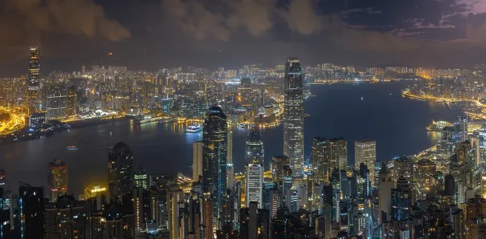 Framed Print : Elevated panoramic view of illuminated Hong Kong cityscape viewed from Lugard Road at dusk, The Peak, Hong Kong, China Framed Print : Elevated panoramic view of illuminated Hong Kong cityscape viewed from Lugard Road at dusk, The Peak, Hong Kong, China