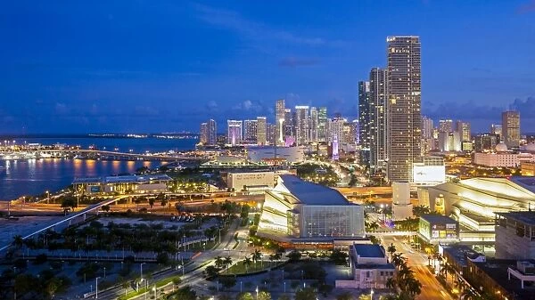 Elevated view over Biscayne Boulevard and the skyline of Miami, Florida, United States of America