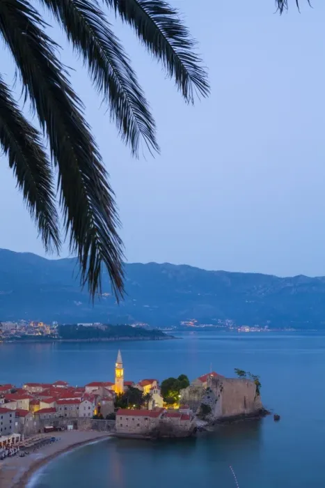 Framed Print : Elevated view over Budvas picturesque Stari Grad (Old Town) illuminated at dusk, Budva, Montenegro, Europe Framed Print : Elevated view over Budvas picturesque Stari Grad (Old Town) illuminated at dusk, Budva, Montenegro, Europe