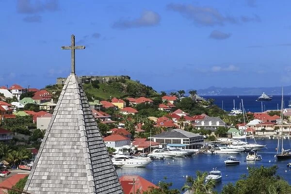 Elevated view, Catholic church, Fort Oscar and harbour, Gustavia, St. Barthelemy (St. Barts) (St. Barth), West Indies, Caribbean, Central America