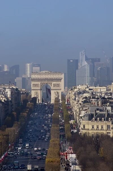Elevated view of Champs Elysees, Arc de Triomphe and La Defense, Paris, France, Europe