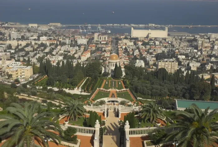 Framed Print : Elevated view of city including Bahai shrine and gardens Framed Print : Elevated view of city including Bahai shrine and gardens