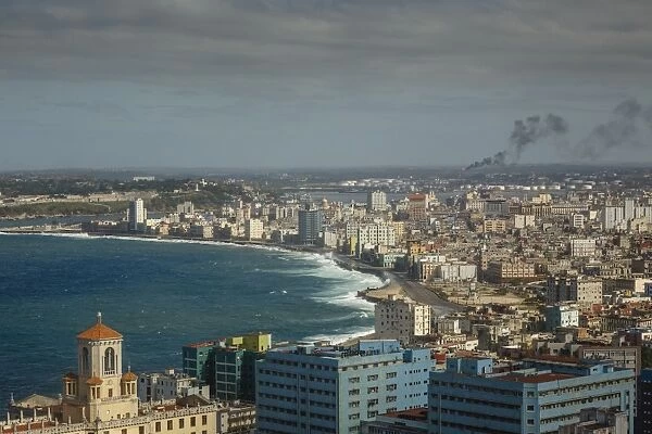 Elevated view over the city and the Malecon waterfront, Havana, Cuba, West Indies