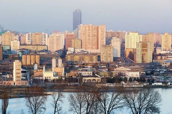 Elevated view over the city skyline, Pyongyang, Democratic Peoples Republic of Korea (DPRK), North Korea, Asia